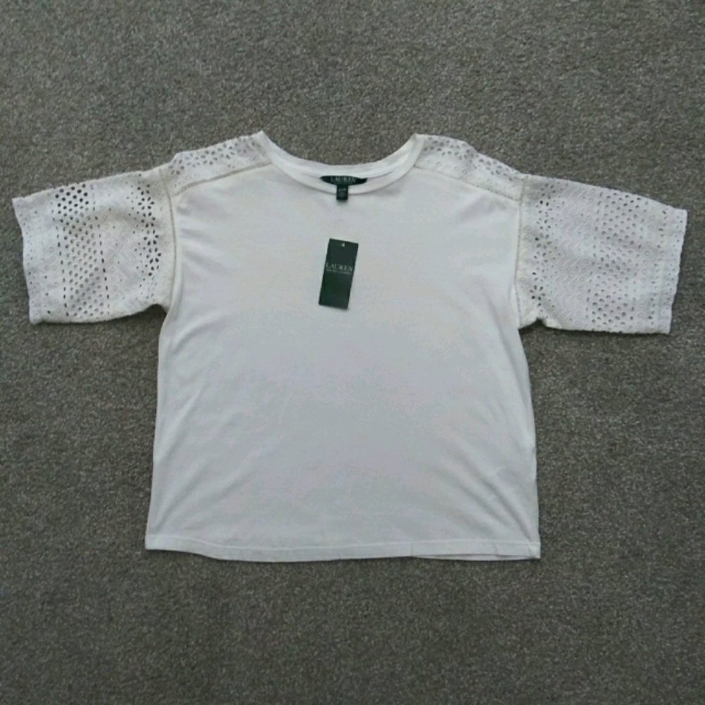 NWT Sz XS Ralph Lauren White Lace Short Sleeve Top